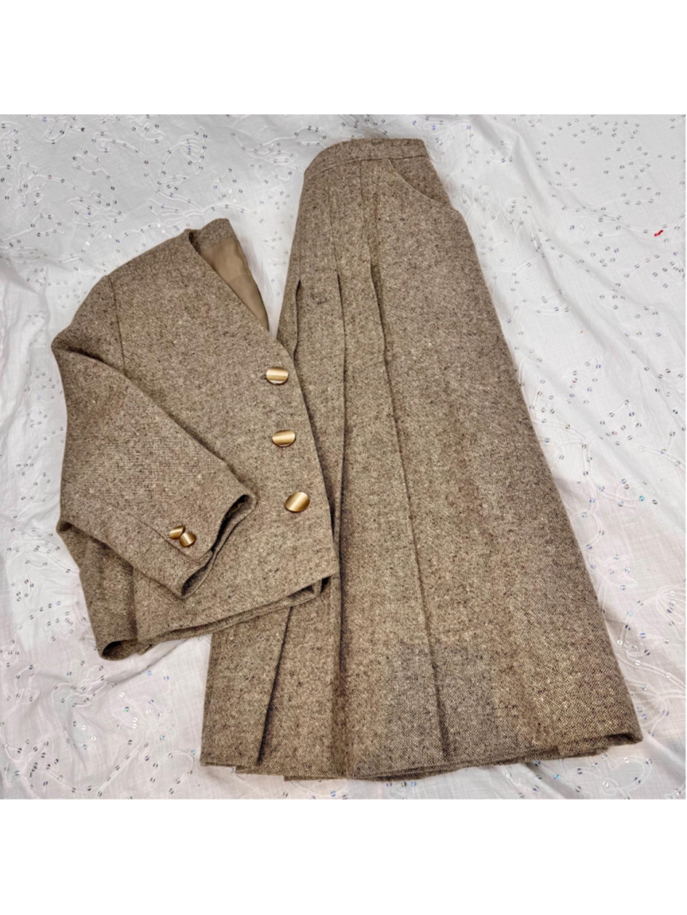 Vintage Wool Tweed Skirt Suit | Beige Pleated Midi Skirt & Blazer Set | 1960s 70